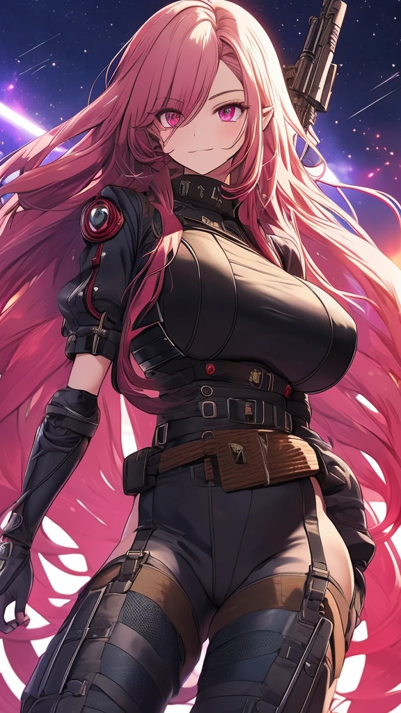 woman, long braided hair, vermilion hair, perfect body, futuristic monocle, metallic robot arms, red-purple eyes, military top, big breasts, beautiful thick thighs, purple-red and black clothing, military boots, many belts, futuristic rifle, has war scars, posing with a rifle, full body focus, high definition details, dynamic lighting, rtx, military base background.