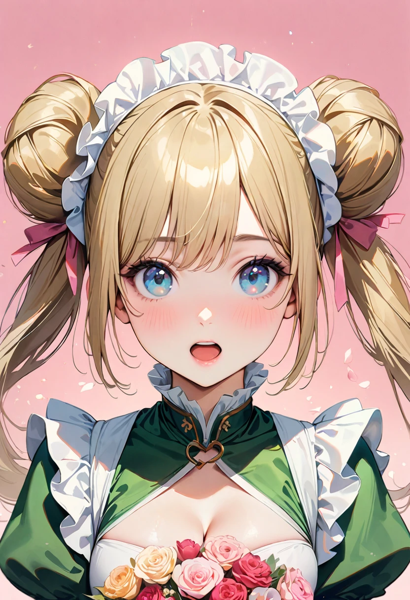 30 years old,1 mature woman,hyperrealistic, 8k, (extremely detailed 8k), (very delicate and beautiful), (masterpiece), (better quality:1.0), (ultra high resolution:1.0), (masterpiece, best quality), cute,blonde,cleavage cutout,(broen dress:1.3),gleaming skin,twintails,twin bun,a pink ribbon on the head,long hair,pastel green chinese maid dress,pastel green chinese dress,white long gloves,hold a bouquet of flowers,face and body straight at the camera,a bunch of flowers,POV,bust shot,white frill,puffy sleeves,laugh with open mouth,tareme,sky blue eyes,short truffle half apron,a gold buckle around someones neck,white corset,pink background,pink