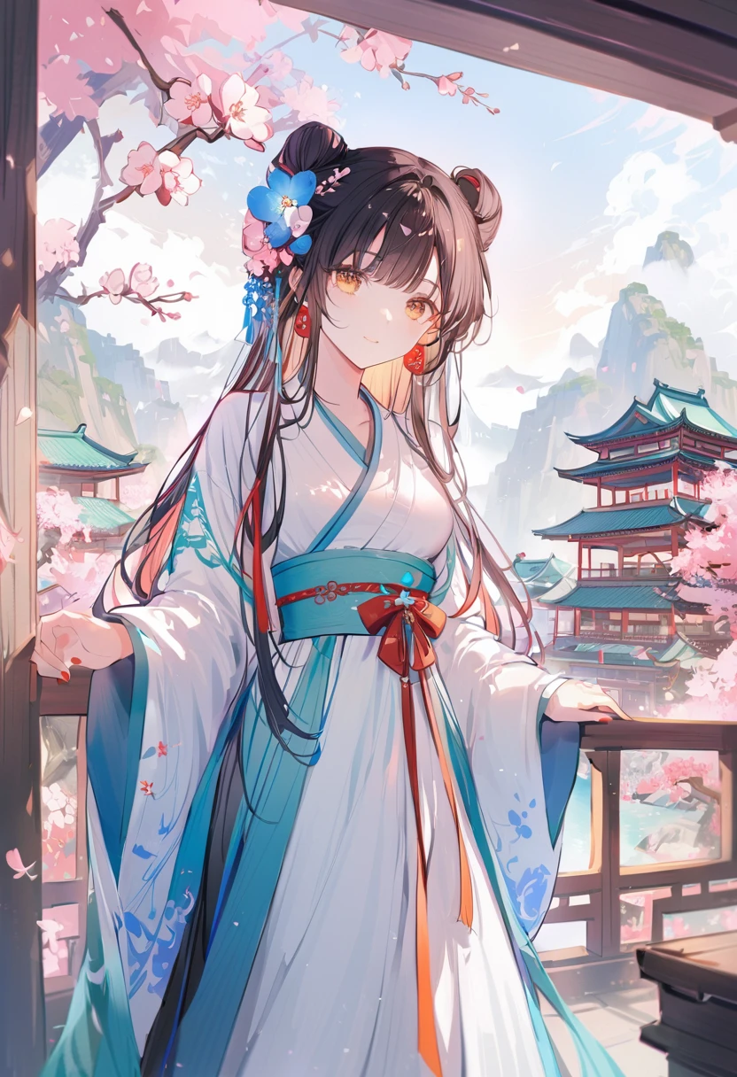 A beautiful girl ,Put on gorgeous Hanfu, Chinese Architecture, landscape