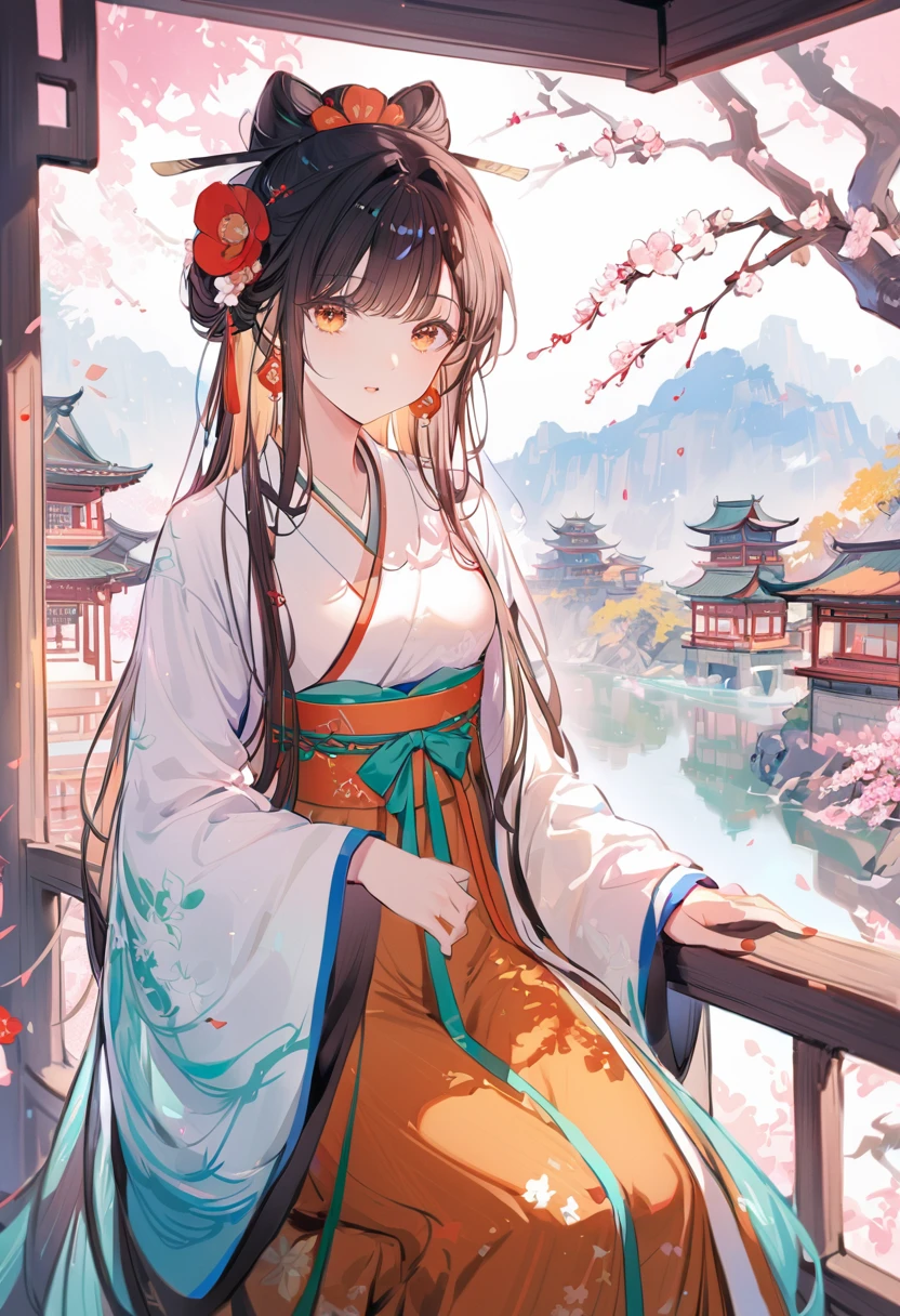 A beautiful girl ,Put on gorgeous Hanfu, Chinese Architecture, landscape