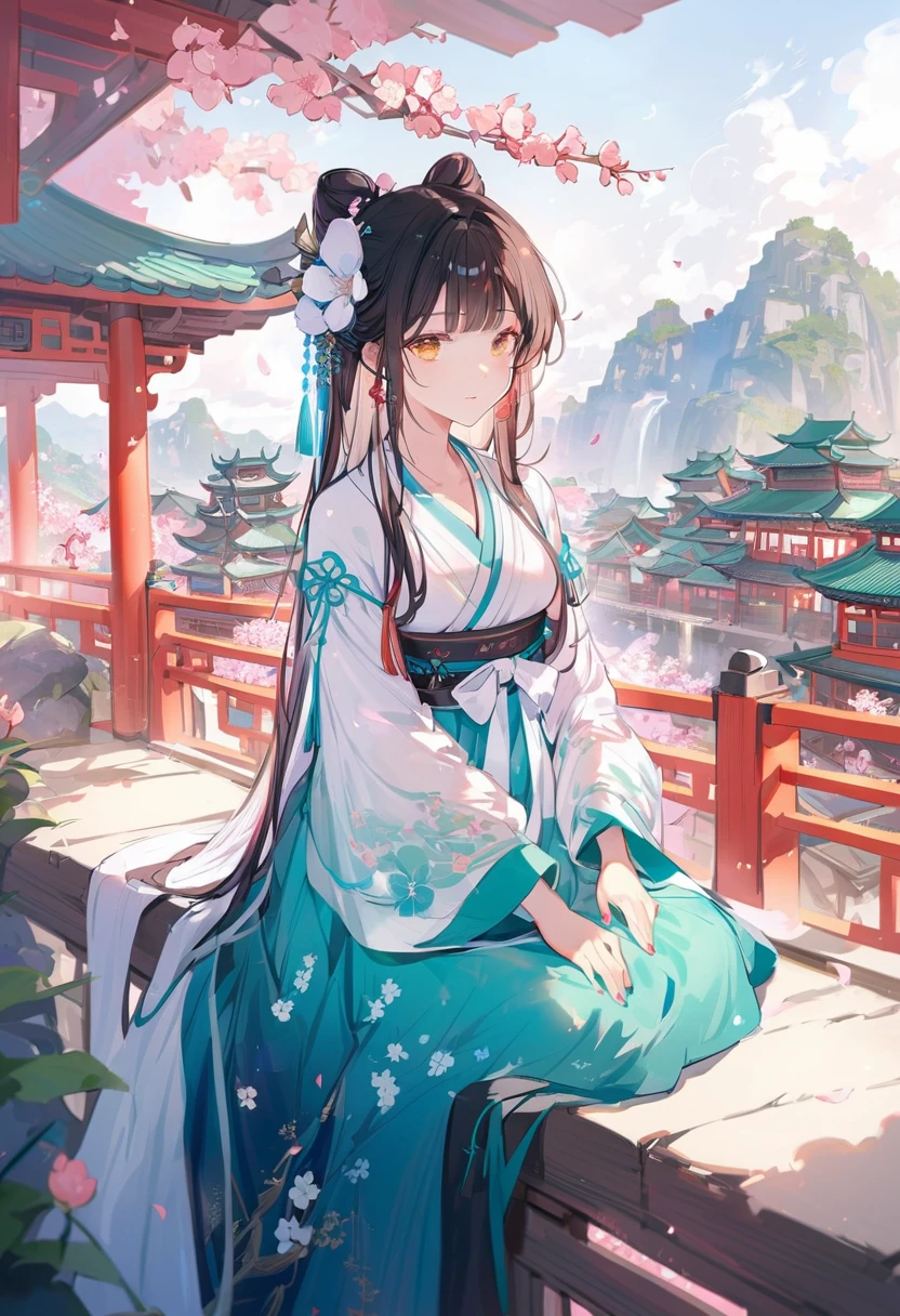 A beautiful girl ,Put on gorgeous Hanfu, Chinese Architecture, landscape