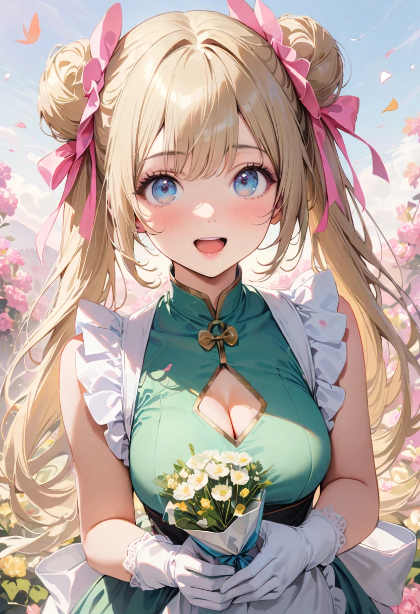 30 years old,1 mature woman,hyperrealistic, 8k, (extremely detailed 8k), (very delicate and beautiful), (masterpiece), (better quality:1.0), (ultra high resolution:1.0), (masterpiece, best quality), cute,blonde,cleavage cutout,(broen dress:1.3),gleaming skin,twintails,twin bun,a pink ribbon on the head,long hair,pastel green chinese maid dress,pastel green chinese dress,white long gloves,hold a bouquet of flowers,face and body straight at the camera,a bunch of flowers,POV,bust shot,white frill,puffy sleeves,laugh with open mouth,tareme,sky blue eyes,short truffle half apron,a gold buckle around someones neck,white corset,pink background,pink 