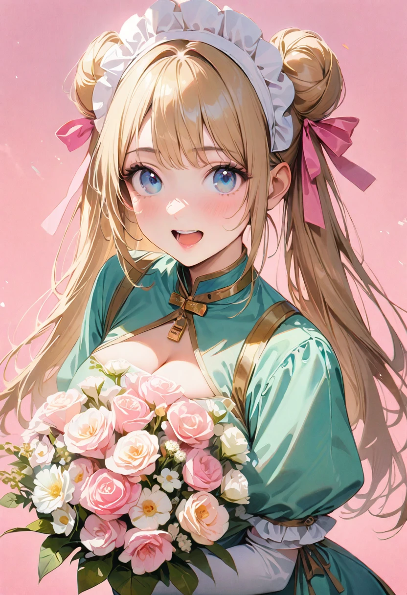 30 years old,1 mature woman,hyperrealistic, 8k, (extremely detailed 8k), (very delicate and beautiful), (masterpiece), (better quality:1.0), (ultra high resolution:1.0), (masterpiece, best quality), cute,blonde,cleavage cutout,(broen dress:1.3),gleaming skin,twintails,twin bun,a pink ribbon on the head,long hair,pastel green chinese maid dress,pastel green chinese dress,white long gloves,hold a bouquet of flowers,face and body straight at the camera,a bunch of flowers,POV,bust shot,white frill,puffy sleeves,laugh with open mouth,tareme,sky blue eyes,short truffle half apron,a gold buckle around someones neck,white corset,pink background,pink