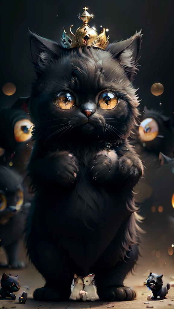 high resolution, masterpiece, 8K, Two black furry father cats and their kittens, whole body, Are standing, cute, CUTE, 3DCG, Big eyes, Background blur, Sparkling, Wearing a crown of stars, Luxurious clothes, bright, The background is the city, sunny, in the morning, big eyes, cute, lovely, Round eyes, A mother and her black-haired cat are talking to each other,