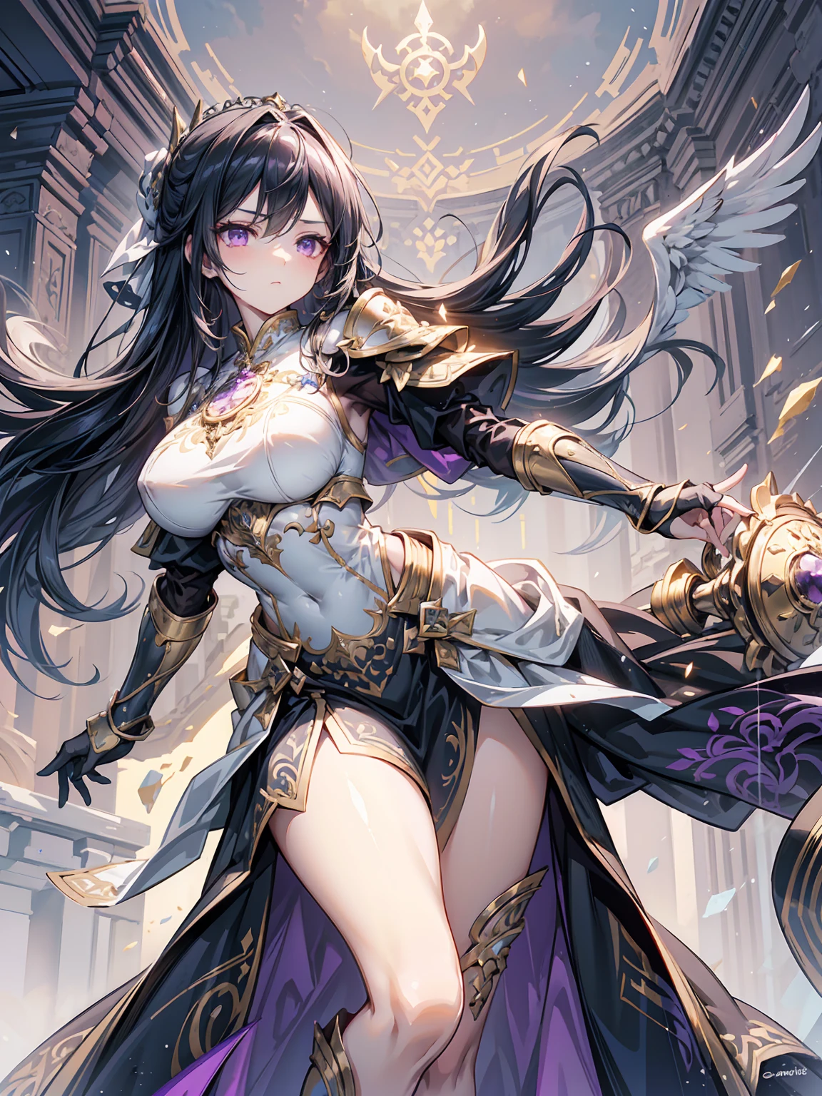 A majestic artwork of a graceful female paladin standing in a grand, medieval landscape. The full-body view reveals her adorned in exquisitely designed armor that combines elegance and strength. Her gleaming silver armor is intricately engraved with swirling patterns and symbols of protection and valor. The breastplate features delicate filigree and gem inlays, while her gauntlets and greaves are finely etched, catching the light with every movement. She wears an ornate, deep purple cape that flows gracefully behind her. Her long black hair is tied in a sleek ponytail, cascading down her back, complementing her regal appearance. Her striking amethyst purple eyes, filled with resolve and determination, enhance her beauty and strength. She carries a beautifully crafted shield, embossed with intricate heraldic symbols and protective runes, its edges reinforced with gold trim. In her other hand, she wields a formidable mace, adorned with intricate engravings and inlaid gemstones that shimmer softly. The background features a sprawling castle with tall spires against a dawn sky. Rolling hills and lush meadows stretch out before her, with a serene river winding through the landscape. Birds take flight in the early morning light, enhancing the sense of peace and anticipation. The paladin stands poised and ready, embodying both grace and power, a guardian of the land and a beacon of hope for all who gaze upon her. Her presence is commanding and inspiring, a true paragon of beauty and strength.