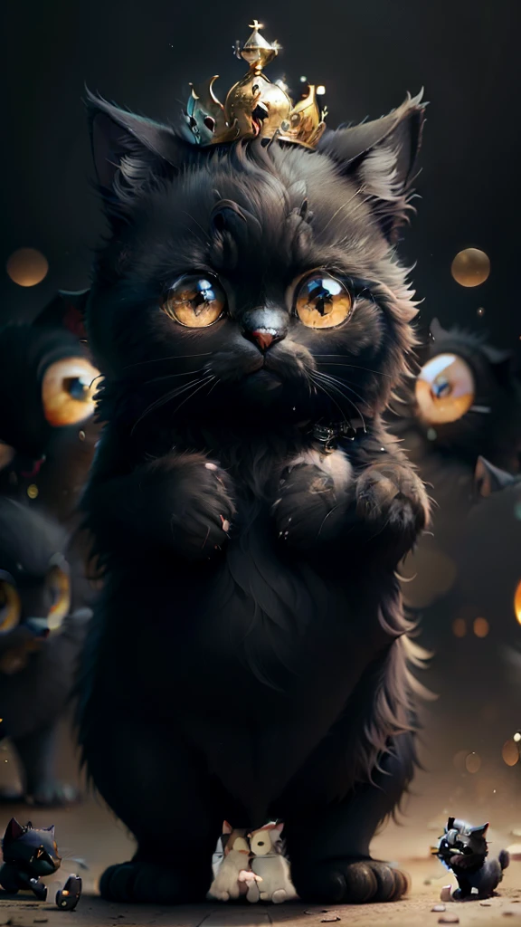high resolution, masterpiece, 8K, Two black furry father cats and their kittens, whole body, Are standing, cute, CUTE, 3DCG, Big eyes, Background blur, Sparkling, Wearing a crown of stars, Luxurious clothes, bright, The background is the city, sunny, in the morning, big eyes, cute, lovely, Round eyes, A mother and her black-haired cat are talking to each other,