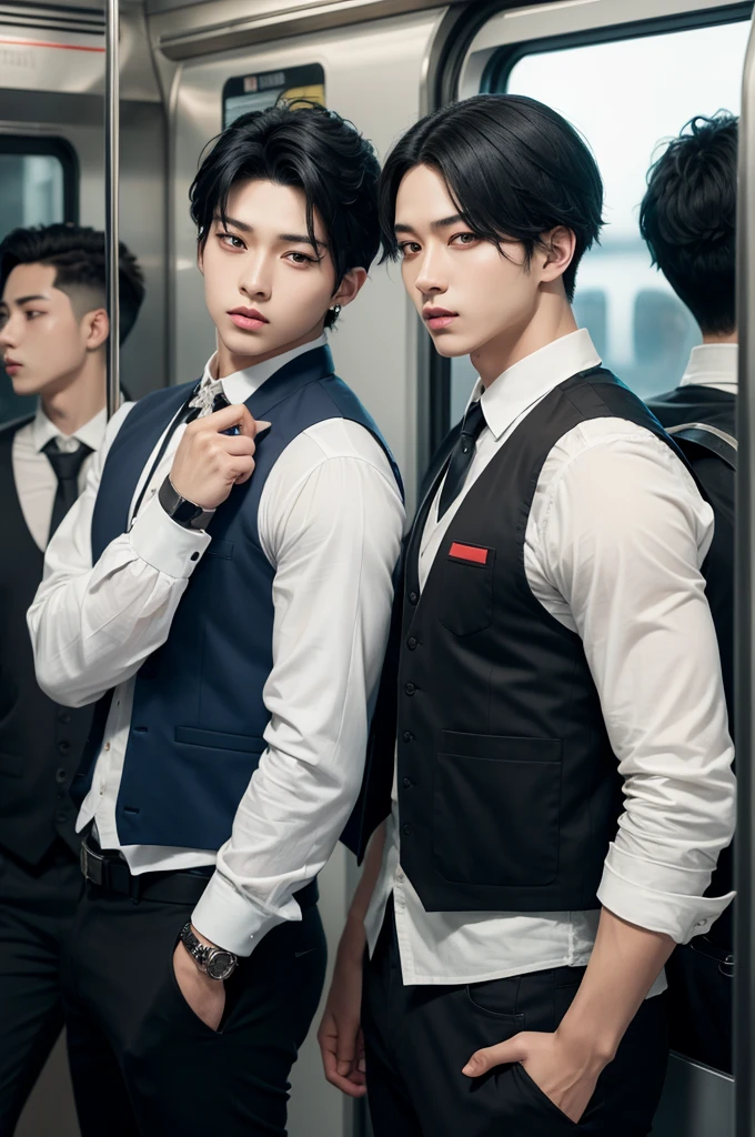 Two black hair kpop boys with guns and vest on a train