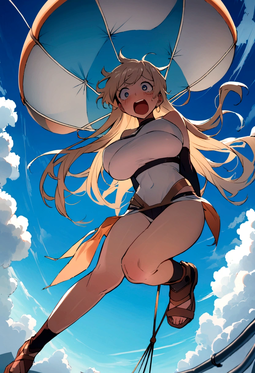 ager with big breasts, falling from the sky on a parachute, with scared face, long loose hair, blue sky with clouds, scantily clad, View from below