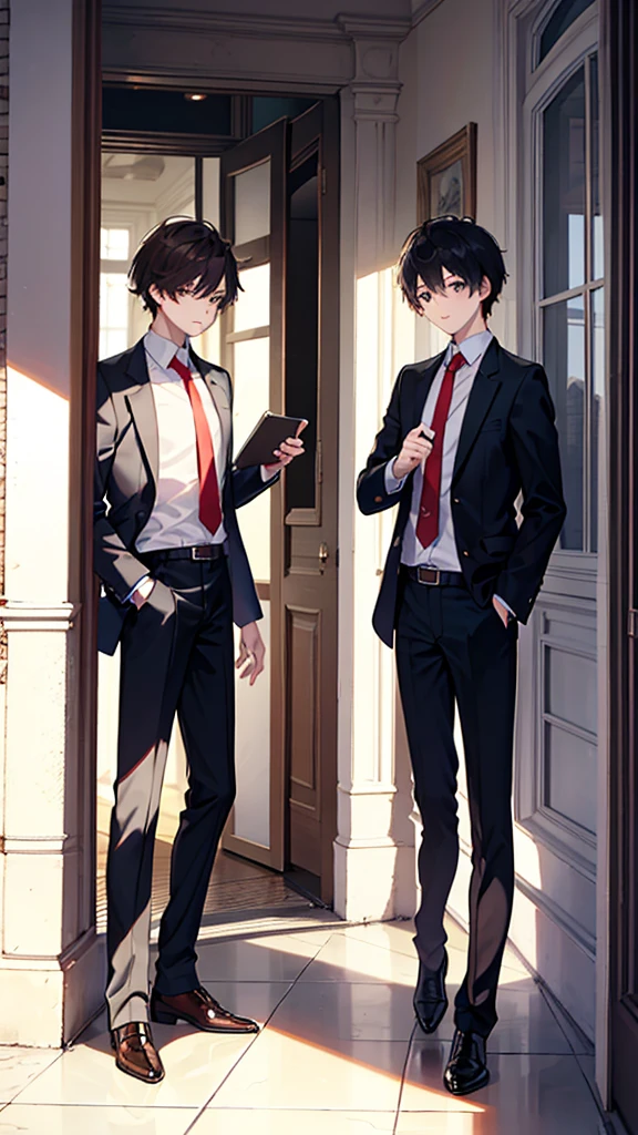 two boys, a short one with black hair and a tall one with brown hair, the two in at the school entrance near the camera