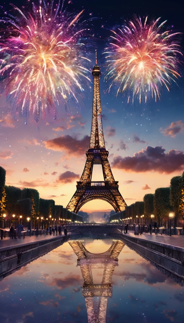 ((2024 Logo, Firework Symbolism surround the word 2024)). (masterpiece), (best quality), (Extremely detailed), Art, Surrealism, Impressionism, Dreamy atmosphere, Impressionism风格, An iconic landmark of Paris emerges as a whimsical dreamscape. A colorful firework on the Sky, can see the Eiffel Tower at the end of the road, ((Multiple boys, Sky, cloud, 2 boys, Bag, From the back, Star (Symbolism), Star (Sky), new year ,2024, template, Background overlooking the city&#39;s architecture and vibrant culture)) Surrealism的转折. Fireworks at night. Paris, Eiffel Tower, Vincent van Gogh《starry night》的宇宙色彩与萨尔瓦多达利的Surrealism天体精确性, Echoing Turner&#39;s atmosphere, blurring the line between reality and fantasy and fireworks in Sky. Happy 2024 年new year, 2024 年new year, permanent, Male focus, outdoor.