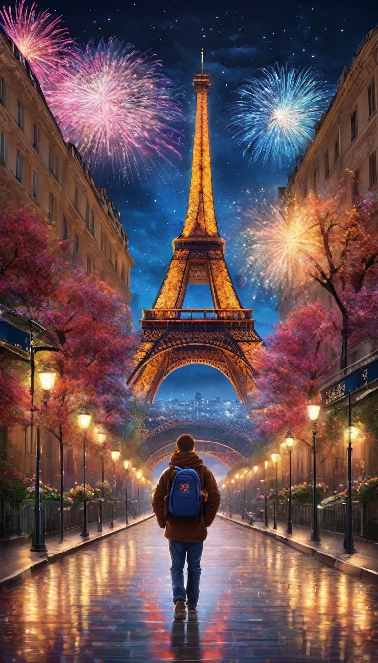 ((2024 Logo, Firework Symbolism surround the word 2024)). (masterpiece), (best quality), (Extremely detailed), Art, Surrealism, Impressionism, Dreamy atmosphere, Impressionism风格, An iconic landmark of Paris emerges as a whimsical dreamscape. A colorful firework on the Sky, can see the Eiffel Tower at the end of the road, ((Multiple boys, Sky, cloud, 2 boys, Bag, From the back, Star (Symbolism), Star (Sky), new year ,2024, template, Background overlooking the city&#39;s architecture and vibrant culture)) Surrealism的转折. Fireworks at night. Paris, Eiffel Tower, Vincent van Gogh《starry night》的宇宙色彩与萨尔瓦多达利的Surrealism天体精确性, Echoing Turner&#39;s atmosphere, blurring the line between reality and fantasy and fireworks in Sky. Happy 2024 年new year, 2024 年new year, permanent, Male focus, outdoor.