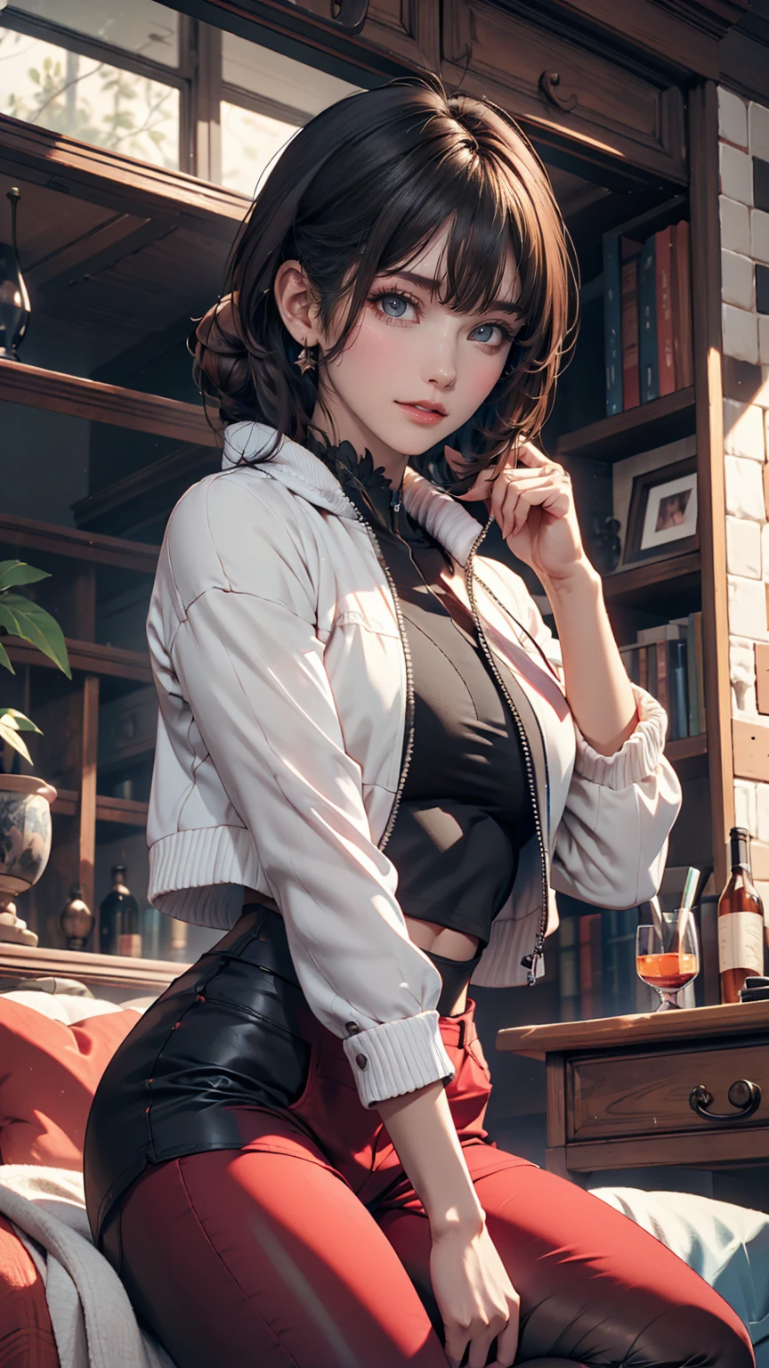 Future City, Fantasy, 23rd century, England, Mountain々、24 year old Caucasian female、Wear a black high-neck zipper-up top、Wearing black leggings、Wear sneakers、Side Ponytail、Black Hair、Red inner color