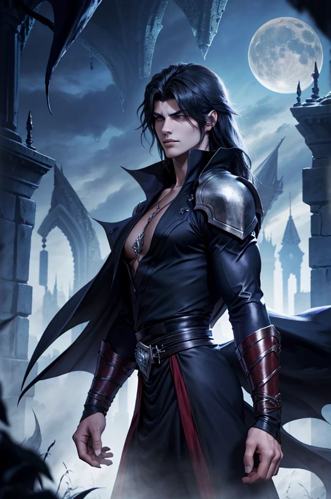 Create a vampire character named Nebur Belmont. His physical features should be similar to those of Alucard from Castlevania: Symphony of the Night. Nebur Belmont should have an elegant and mysterious appearance, with long silver hair, piercing eyes and sharp facial features. Wear dark and gothic style clothes. Your presence must be imposing and noble, reflecting his aristocratic origin and supernatural power. with the full moon in the background