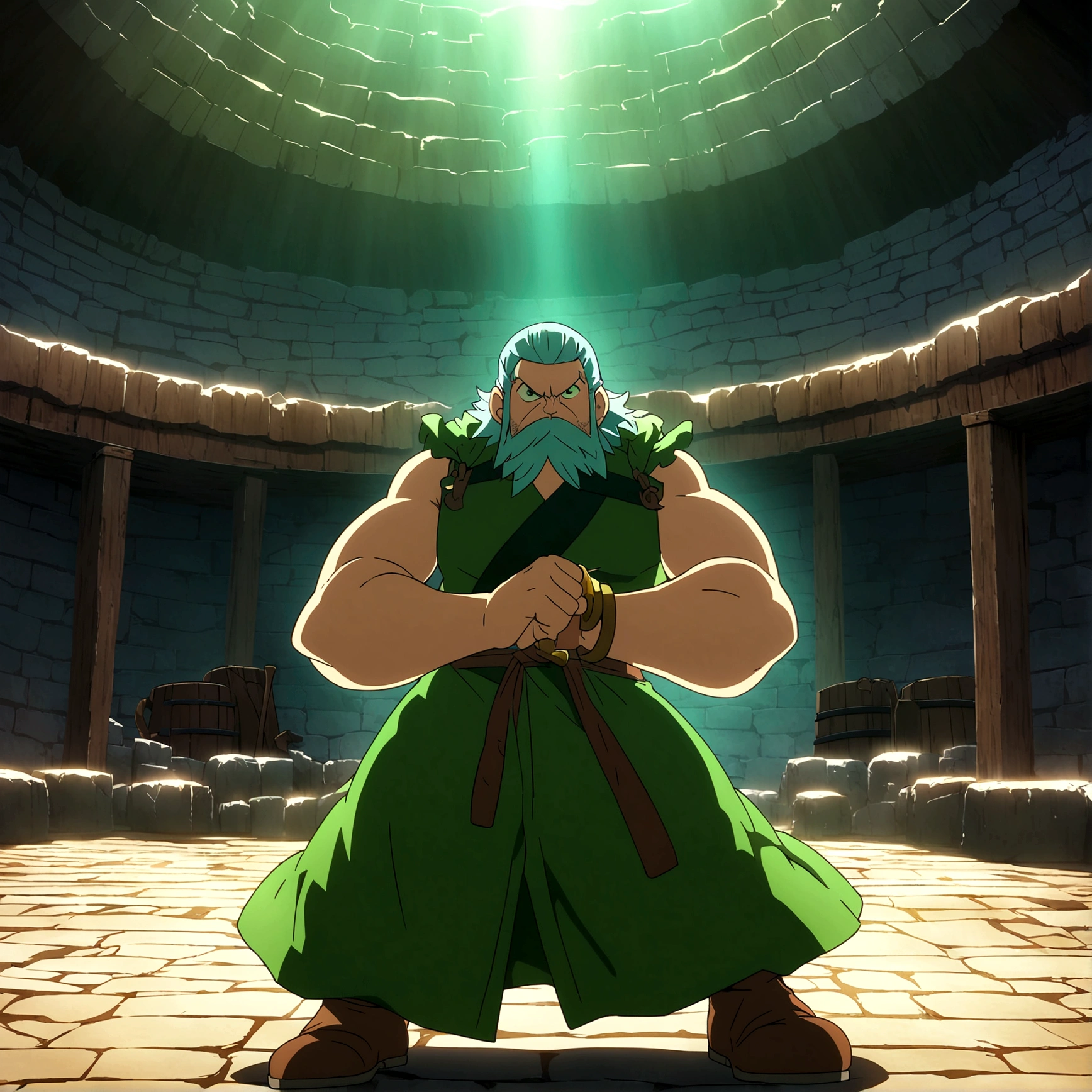 Dwarf, stout body, gray-green hair, no beard, emerald green eyes, small hammer in hand, blacksmith outfit, grumpy expression, blacksmith forge background, "Anime inspired by One Piece, filled with dramatic and incredible lighting, dramatic lighting, infused with creative details, ultra-fine 2D design, scenery bathed in creativity, bathed in creativity, boasting HD anime resolution clarity, HD anime graphics, high-octane rendering"