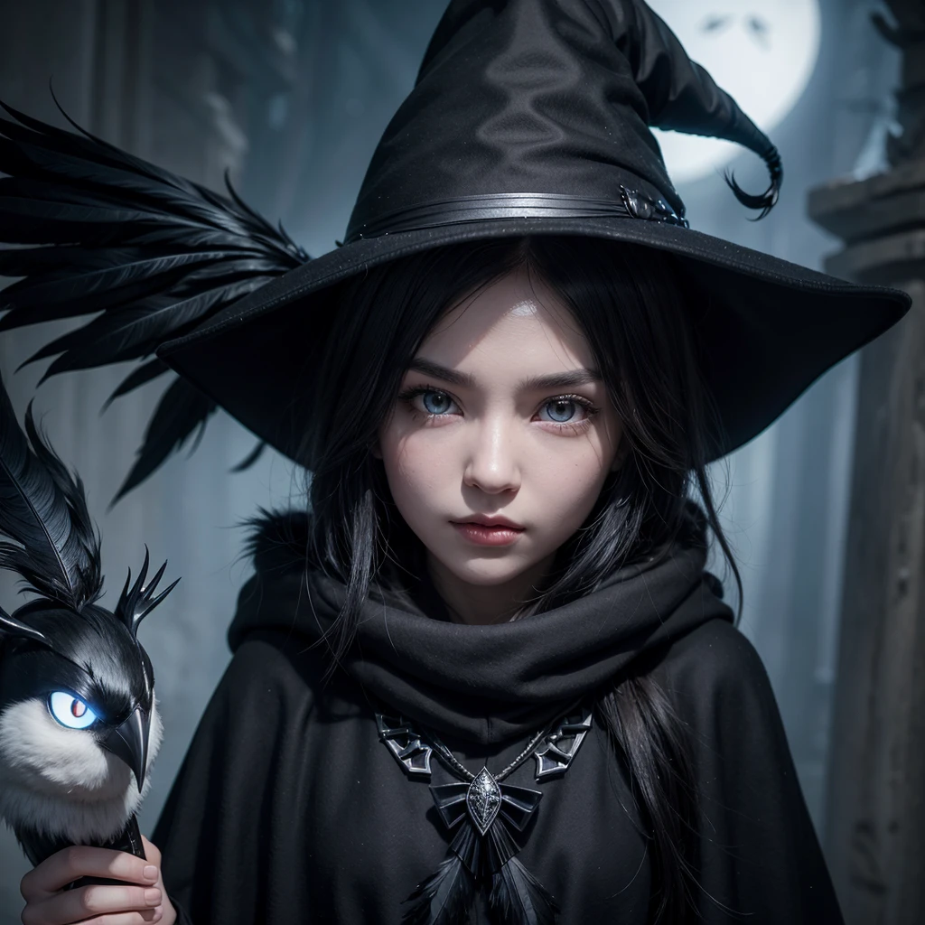 my character is from roblox, literally a black crow, wearing a wizard's hat, holding a shiny black wizard's staff, bright white eyes, tail with long feathers, black feather scarf, long beak, horns on the hat, black feathers highlighted on the chest and back, half-long torn cape, conjuring "Abyssal", face completely black, only the eyes glow white, a cute and furry character