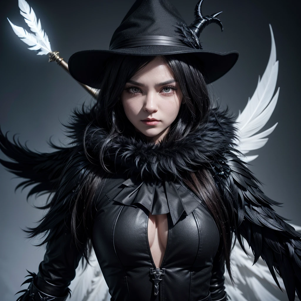 my character is from roblox, literally a black crow, wearing a wizard's hat, holding a shiny black wizard's staff, bright white eyes, tail with long feathers, black feather scarf, long beak, horns on the hat, black feathers highlighted on the chest and back, half-long torn cape, conjuring "Abyssal", face completely black, only the eyes glow white, a cute and furry character
