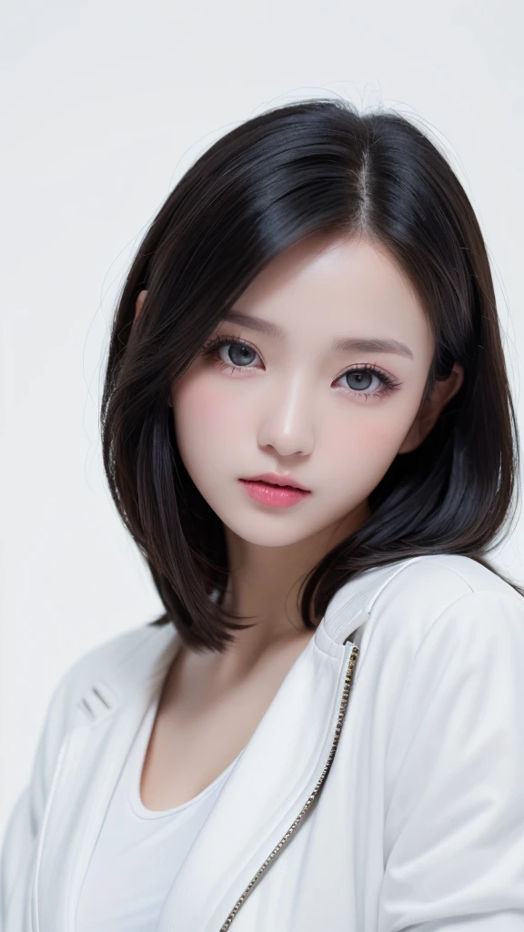 (((forehead、Northern Europe、White people、beautiful girl、Black Hair、White background、open jacket、lender)))、table top, highest quality, figure, super detailed, finely, High resolution, 8k wallpaper, Perfect dynamic composition, detailed and beautiful eyes, Deco out,bionde, breasts, Natural color lip,white background, random cute poses,