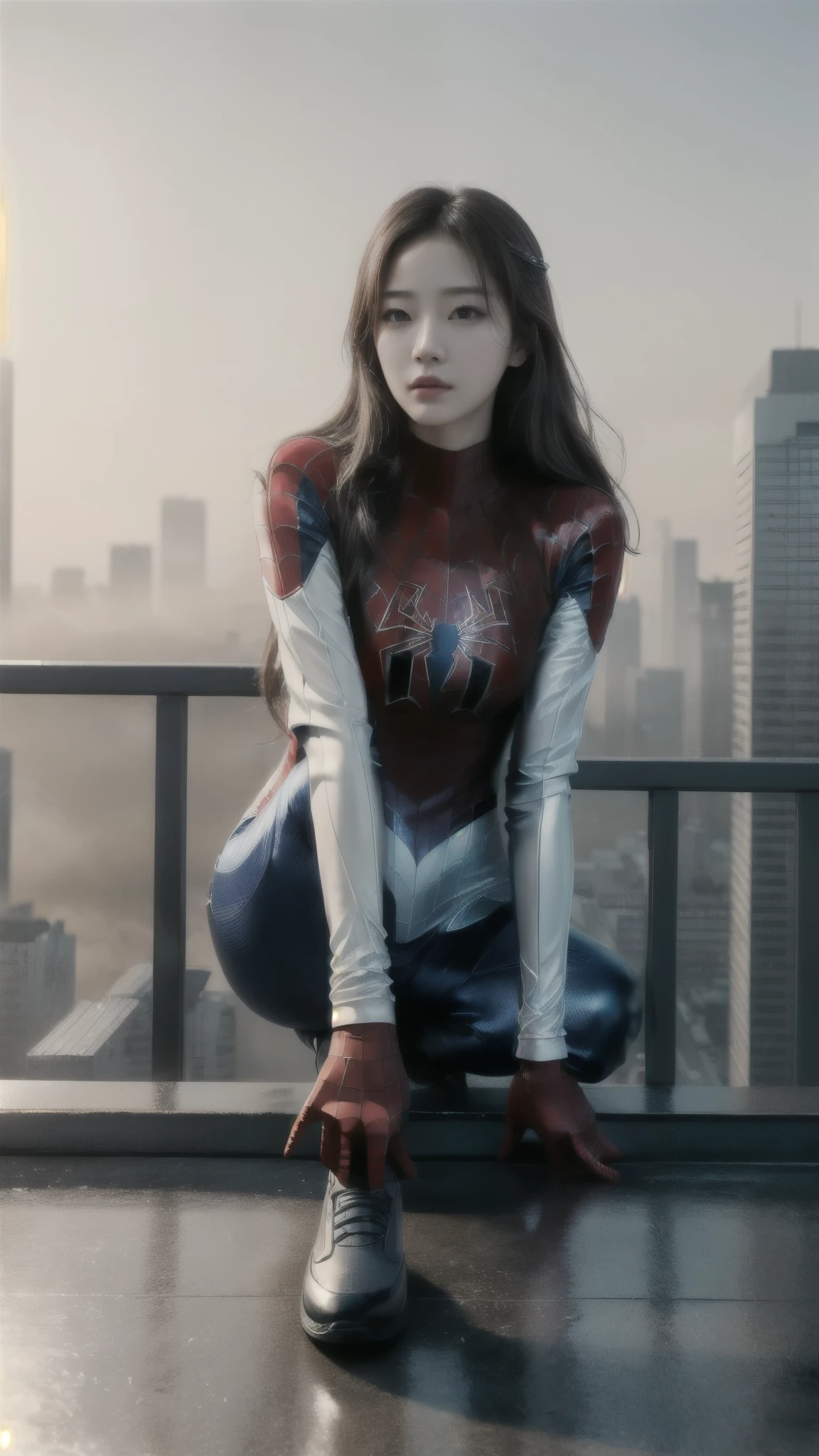 (1 woman:1.3), alone, (((Very detailed face)))), ((very detailed 눈과 얼굴)))), beautiful 디테일의 눈, body parts__, official art, Unified 8k Wallpapers, very detailed, beautiful and beautiful, beautiful, masterpiece, best quality, original, masterpiece, very nice photo, best quality, ultra high resolution, realistic realism, sunlight, full body portrait, amazing beauty, dynamic pose, delicate face, lively eyes, (from the front), she wears a spiderman suit, red and black color scheme, spider, very detailed 도시 지붕 배경, rooftop, City View, detailed face, Detailed complex busy background, crummy, Very cool, milk white, very detailed 피부, realistic skin details, visible pores, clear focus, volumetric fog, 8,000 words, dslr, high quality, film grain, fair skin, photo realism, lomography, Future dystopian mega city, transparent