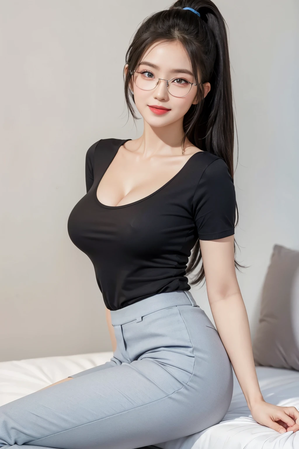 (Best quality, masterpiece, detailed), (RAW, 4k, hd images), 1 girl, , white skin, long hair, ponytail, layers hair, bangs, black hair, beautiful girl, cute girl, sweet girl, pretty girl, perfect girl, perfect body, pretty eyes, blue eyes, thin lips, (eye line, lip soft), perfect round breast, glasses(detailed frame), simple background, smile, thigh, legs, tshirt lower neck, pants, full body, modeling pose, free style pose, random angle capture, cleavage