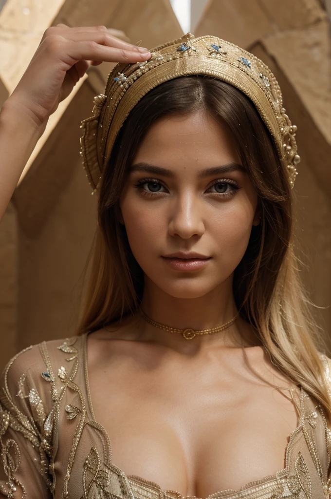 a beautiful blonde woman, beautiful golden blonde hair, detailed eyes, beautiful detailed lips, extremely detailed face, long eyelashes, in the country of Egypt, wearing a long black arab dress which goes to her feet, (best quality,4k,8k,highres,masterpiece:1.2),ultra-detailed,(realistic,photorealistic,photo-realistic:1.37),HDR,UHD,ultra-fine painting,sharp focus,physically-based rendering,extreme detail description,professional,vivid colors,bokeh,portrait, vue sur les pyramides en arrière plan, photo prise par un photographe, le cheveux porter par le vent, les mains derrière le dos