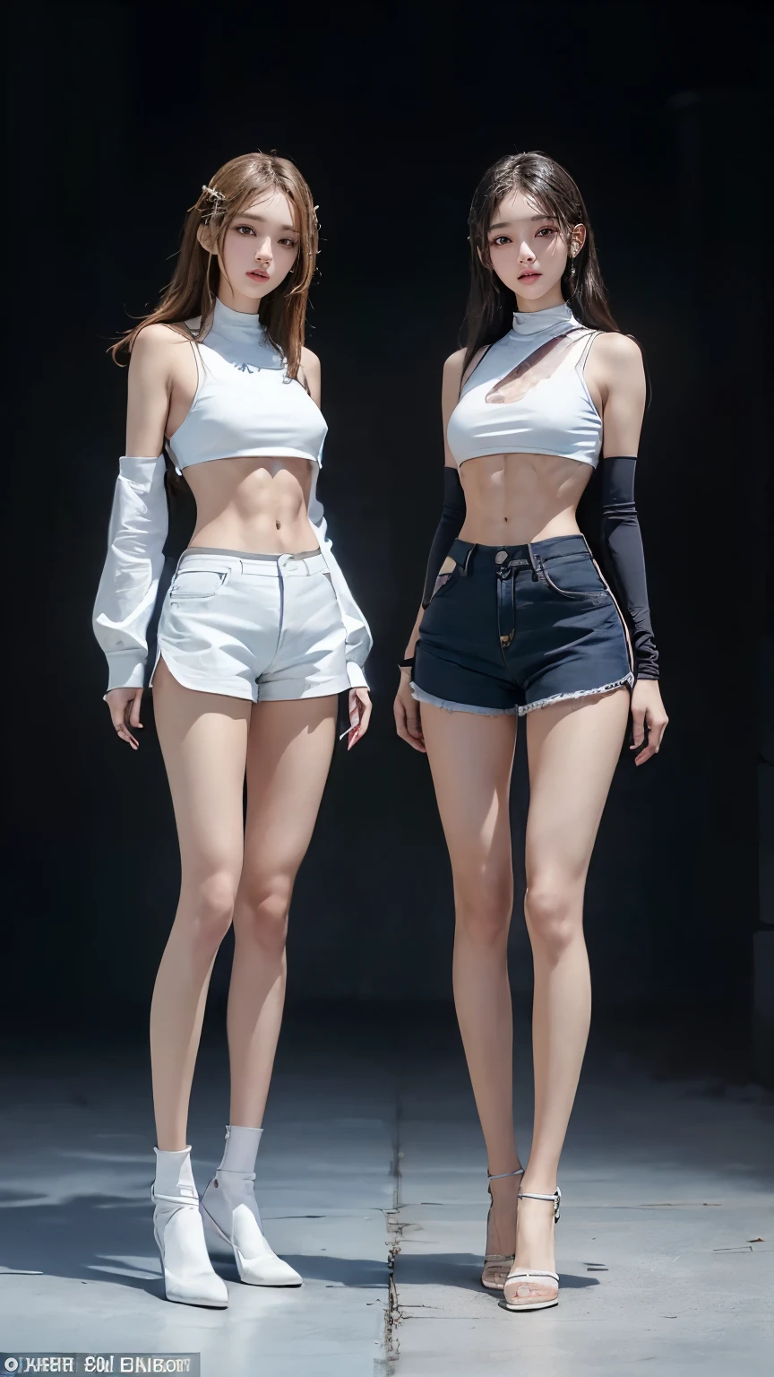 (8K、Raw photo、最high quality、masterpiece:1.5),(((((((Both of them stand with their legs apart:1.9))))))),(((((Both of them have an inseam that is more than half their height.:1.8))))),((Both have bare legs:1.6)),((Both of them are super slim:1.4)),(((((Two girls who look just like WONYOUNG from the k-pop group IVE were photographed:1.9))))),(((They both have super skinny legs:1.6))),(((Both are 173cm tall:1.4))),((Perfect k-pop IVE WONYOUNG style duo:1.4)),(((((Both of them take full body shots:1.8))))),((((Both of you should face your whole body straight ahead.:1.8)))),(((Photographed from below to show the whole body of the legs so that they look longer.:1.7))),Skin irregularities are reproduced in minute detail:1.4, (Super thin waist: 1.2),((超Thin thighs:1.3)), Thin buttocks,Open the navel,1Detailed reproduction of the navel,((Perfect super slim legs:1.3)),(((both of them are the same height:1.3))),(((Both of them have amazingly slim figures.:1.2))),(((Both are wearing micro shorts with a rise of 15cm and an inseam of 1cm.:1.8))),(Both are 16 years old:1.2),((((Both of them are extremely exposed.:1.7)))),(((((Both of them have super-strong abs:1.9))))),((Both of them were wearing short, form-fitting white sports bras.:1.4)),(((Big boobs but no bra:1.4))),(((Both of them had high, erect nipples clearly visible protruding from under their white sports bras.:1.4))),((((Standing in a fashionable theme park on a sunny day:1.4)))),Highly detailed face and skin texture,(Both of you stand with your legs straight and without bending your knees.:1.3),(((They're both the same height:1.4))),((Both of them look just like WONYOUNG from the K-pop idol IVE.:1.8)), ((((Sunny afternoon:1.3)))),((cute:1.4)),Both are fair-skinned Asians,,Both of them have beautiful eyes,,Both of them have beautiful eyes,,Both of them have beautiful noses, which are realistically reproduced.,Both of them have realistic eyes.,Both have beautiful mouths,((They both have beautiful fingers)),nail,Both of them have beautiful faces.,Both of their beautiful faces are realistically reproduced.,cute,(Ultra-Realistic Details), Natural Shadows,(Very small hips:1.4),Large firm breasts, Super long thighs,(((超Thin thighs:1.2))),(((Super slim calves))),(Both of them have the slender bodies of well-trained track and field athletes.:1.5),(Super muscular body:1.5),Super toned waist,(Super thin waist:1.3),((White high heels:1.2)),lengthen limbs,(((((Shooting the whole body from calf height:1.6))))),(Both of them have slim, toned ankles.:1.2),((((Wide open abdomen:1.5)))),Hands on hips,Both of them face forward,((Both figures have detailed and clear reproduction of the crotch area.)),((Super long legs:1.3)),Thin thighs,((Both of them have bare legs.:1.6)),((Both of them are showing off their legs in a very extreme way.:1.5),((Both of them are showing off their bellies in an extremely extreme way.:1.4),(Black hair ponytail),(Neither of them wears tights or socks.:1.5),((Both of them stand up straight.)),((Keep your hips facing forward:1.5)),2人とも8頭身スタイルBeauty,The ankles are super thin,The arms are very thin and muscular,Make your arms thinner,(((Clearly reproduces the skin texture of the legs down to the finest detail))),Faithfully reproducing the fingers of the hand,(Both of them have super long legs.),(Accurate reproduction of each finger:1.3),(((Each toe is accurately reproduced:1.2))),The middle of the thighs are very thin,(((Clearly reproduces the muscle texture of ultra-muscular and ultra-thin calf skin))),(((超筋肉質な超Thin thighsの肌の筋肉質感を明確に再現する))),(Very tight waist:1.2),((Both of them have an inseam that is more than half their height.の美脚:1.6)),(Extremely thin thighs:1.3),Beauty,Fine skin,Firm skin,(((Both of them should fit from the top of their heads to the toes of their heels.:1.5))),(((They both have super skinny legsの肌を細部まで忠実に再現する))),(Both of them are super muscular and have super thin legs with realistic skin.:1.3),((Realistically reproduces the fine details of toned, slender leg skin:1.3)),((Dazzling Midsummer)),(((Both of them have super-strong quadriceps:1.6))),(((Both of them have extremely well-trained gastrocnemius and soleus muscles.:1.6))),((2人とも超細くてSuper long legs:1.2)),Front lighting,Super detailed, High detail, high quality, Awards,High resolution,(Anatomically correct:1.5)