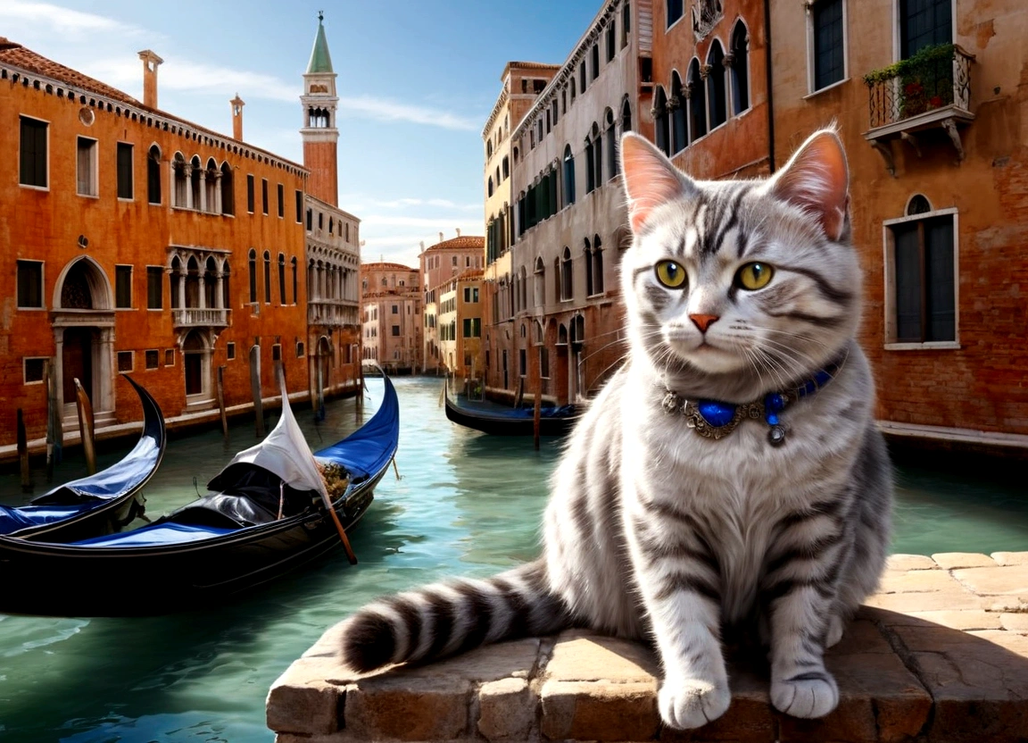 Masterpiece, medieval Venice, Port town, Beautiful silver tabby cat