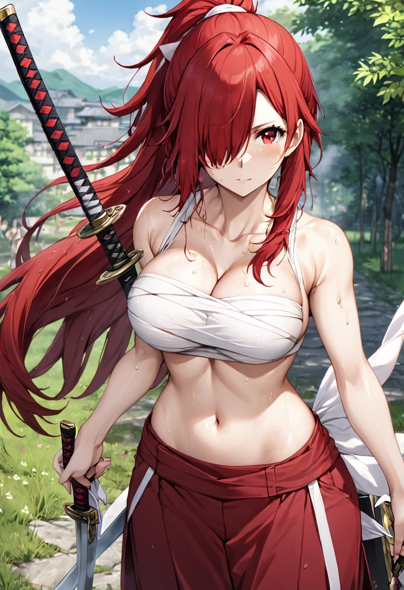 masterpiece, best quality, highres, fairy tail, 1girl, long hair, red hair, ponytail, white ribbon, hair over one eye,red eyes, large breasts, collarbone, chest sarashi, bandage, bare arms, midriff, red hakama, red pants, standing, holding weapon, sword, katana, outdoors, muscular female, sweating, wet, steaming body,
