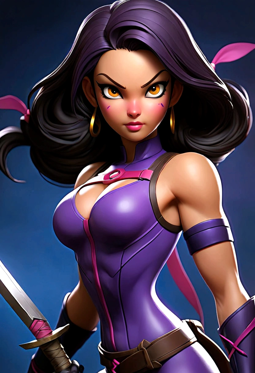 Arafed woman with big-boobs with abs muscle veins dressed in latex holding a sword and a sword., psychopath, PSYLOCKE de los x men, PSYLOCKE de los x men, young ninja gaiden portrait, retrato seductor de PSYLOCKE, samira from league of legends, PSYLOCKE de los xmem, PSYLOCKE, cosplay, heroine, PSYLOCKE, black and violet suit hazel yellow cat eyes. ((smile)) 