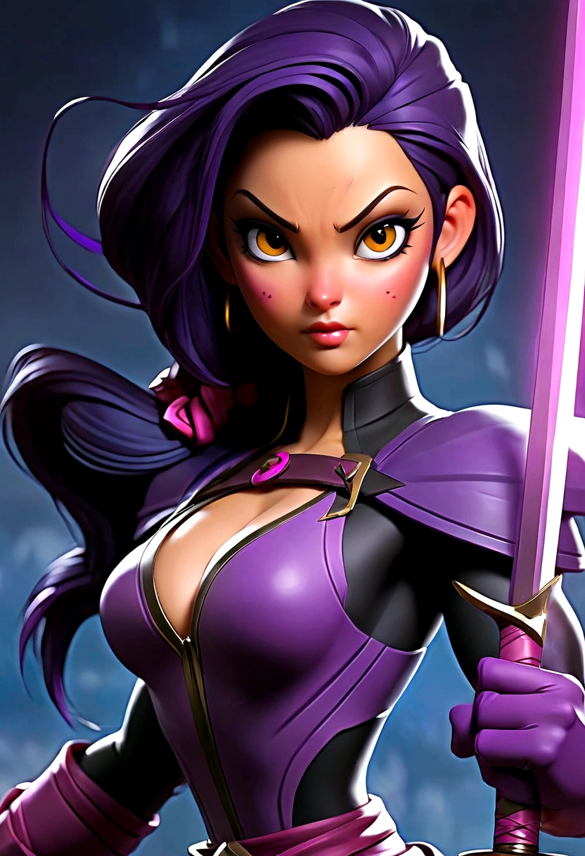 Arafed woman with big-boobs with abs muscle veins dressed in latex holding a sword and a sword., psychopath, PSYLOCKE de los x men, PSYLOCKE de los x men, young ninja gaiden portrait, retrato seductor de PSYLOCKE, samira from league of legends, PSYLOCKE de los xmem, PSYLOCKE, cosplay, heroine, PSYLOCKE, black and violet suit hazel yellow cat eyes. ((smile))