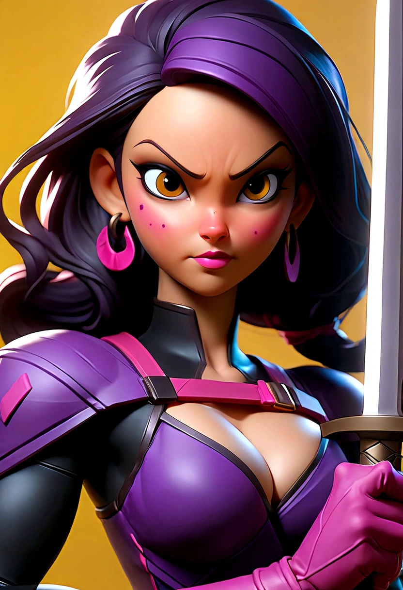 Arafed woman with big-boobs with abs muscle veins dressed in latex holding a sword and a sword., psychopath, PSYLOCKE de los x men, PSYLOCKE de los x men, young ninja gaiden portrait, retrato seductor de PSYLOCKE, samira from league of legends, PSYLOCKE de los xmem, PSYLOCKE, cosplay, heroine, PSYLOCKE, black and violet suit hazel yellow cat eyes. ((smile)) 