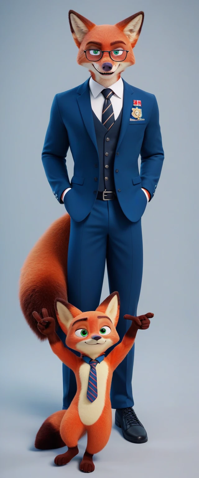 check_9, check_8_up, check_7_up, rating_safe,source_fluffy,antro,source_3d, Nick Wilde, male muscular falcon (fursuit version) looking at viewer gesture of peace and love (standard tuxedo, glasses, tie shoes,Russia Moscow) (ultra realistic, almost looks like a person) (Blue eyes)
