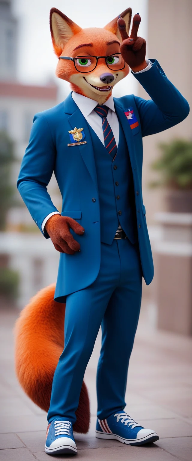check_9, check_8_up, check_7_up, rating_safe,source_fluffy,antro,source_3d, Nick Wilde, male muscular falcon (fursuit version) looking at viewer gesture of peace and love (standard tuxedo, glasses, tie shoes,Russia Moscow) (ultra realistic, almost looks like a person) (Blue eyes)