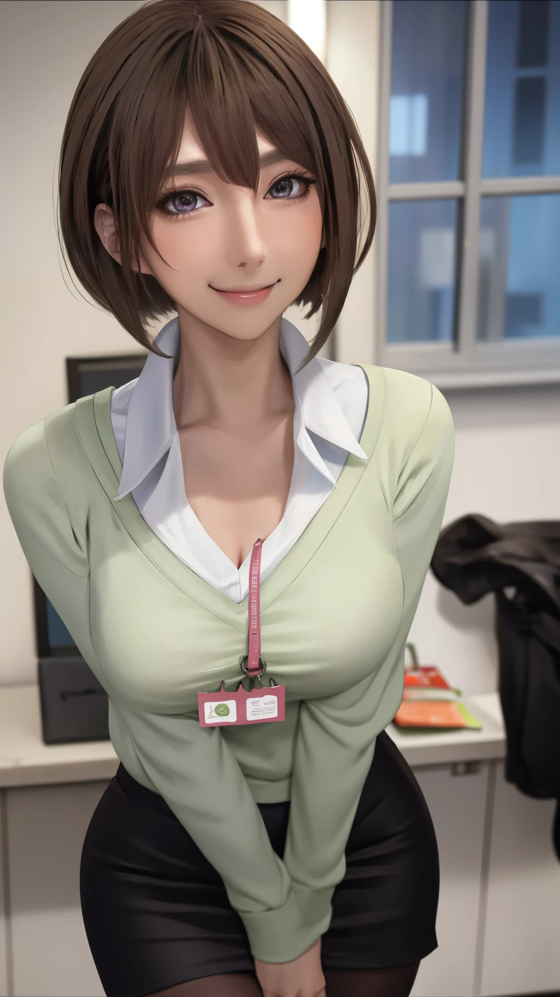 2D, masterpiece, highest quality, anime, highly detailed face, highly detailed eyes, highly detailed background, perfect lighting, whole body, 1 girl, alone, Harusaki Nodoka, collared shirt, Green sweater, black skirt, pantyhose, ID card, embarrassing, smile, Are standing, office 