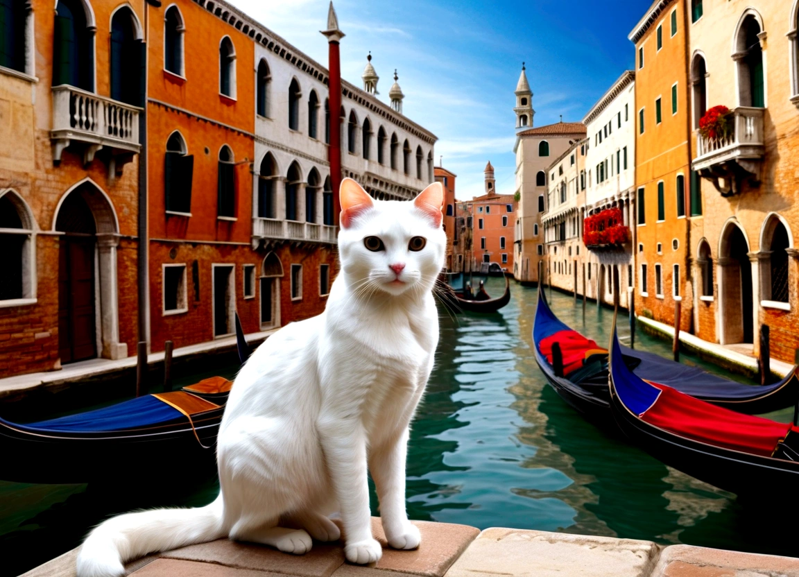 Masterpiece, medieval Venice, Port town, Beautiful white cat