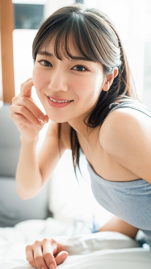(((smile、Focus on the eyes:1.1、Extremely detailed:1.22、Ultra-high resolution、masterpiece:1.45、Highest quality)))、((((Whole body expression:1.68、camisole、Leaning forward、One person))))、long, straight black hair、So that every single hair is clearly visible、The subtle color changes of hair depending on how the light hits it、 Skin has a natural glow、Fine skin texture、Representing the fine details of pores:1.25、Details of the light redness on the forehead and cheeks、(((Eyes with fine iris details、The eyes depict color gradations and patterns.、Long, natural-looking eyelashes, each and every one visible、Well-groomed eyebrows、眉毛のindivual々The hair is clearly visible、Light reflecting off into the eye、The light in the eyes creates small highlights)))、The nose is delicate、Fine detail on the nostrils、Lips are plump and naturally pink、Depicts the fine lines and soft curves of the lips、lips are shiny and、The gloss on your lips accentuates their shape.、(((Detailed depiction of lip texture、Particular attention to the depiction of light and shadow、Soft natural light gently illuminates the face from the front、A faint glow on the forehead、A slight shine on the nose、A slight glow on the cheeks、Shadows are cast softly along the contours of the face、Accentuate the sides of your cheekbones、Accentuate the sides of the jawline、Emphasize the sides of the nose、The gloss on her lips reflects the light faintly、Lips emphasize the plump texture、The shadow of the hair gives depth and dimension、indivual々The hair shines in the light、