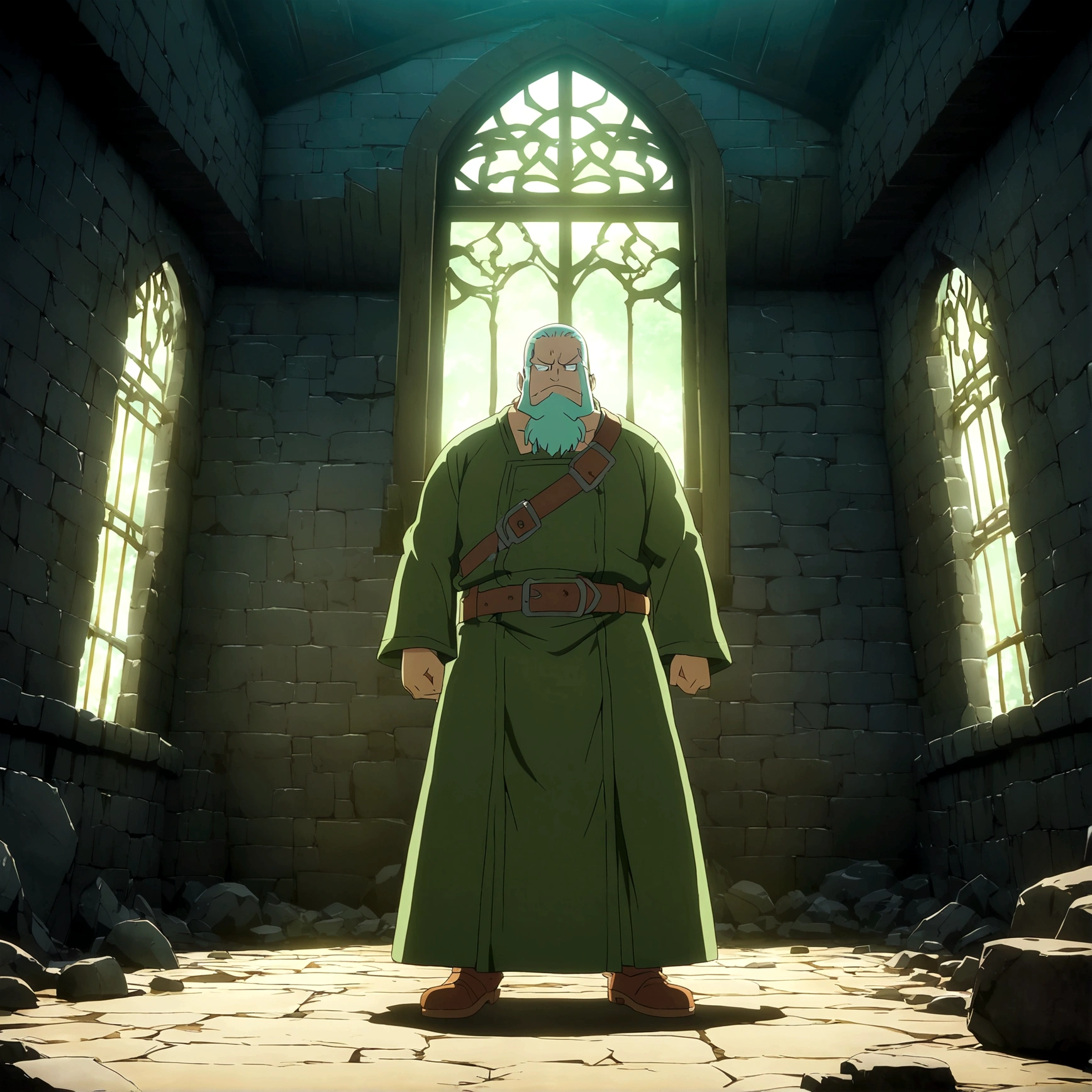 Dwarf, stout body, gray-green hair, no beard, emerald green eyes, blacksmith outfit, grumpy expression, blacksmith forge background, "Anime inspired by One Piece, filled with dramatic and incredible lighting, dramatic lighting, infused with creative details, ultra-fine 2D design, scenery bathed in creativity, bathed in creativity, boasting HD anime resolution clarity, HD anime graphics, high-octane rendering"