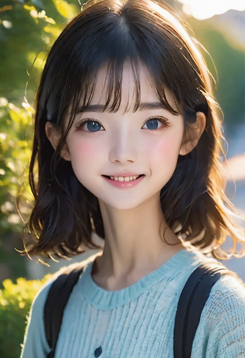 RAW Photos、Realistic、Highest quality、masterpiece、18-year-old、Smiling high school student wearing a Japanese female high 、Big eyes、A mesh of soft blonde and black hair、Summer Morning、The world is around 25℃、morning fresh air、On the way to school、Beautiful Face、Highly detailed face and eyes