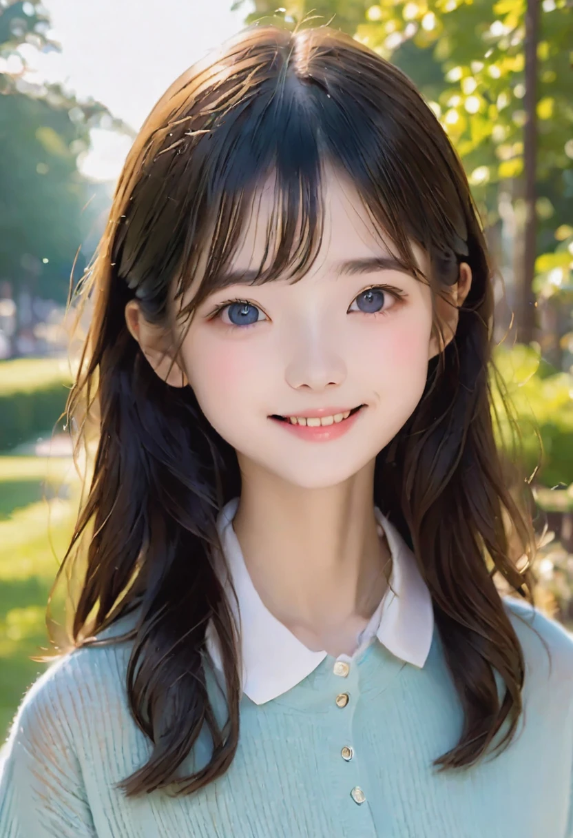 RAW Photos、Realistic、Highest quality、masterpiece、18-year-old、Smiling high school student wearing a Japanese female high 、Big eyes、A mesh of soft blonde and black hair、Summer Morning、The world is around 25℃、morning fresh air、On the way to school、Beautiful Face、Highly detailed face and eyes