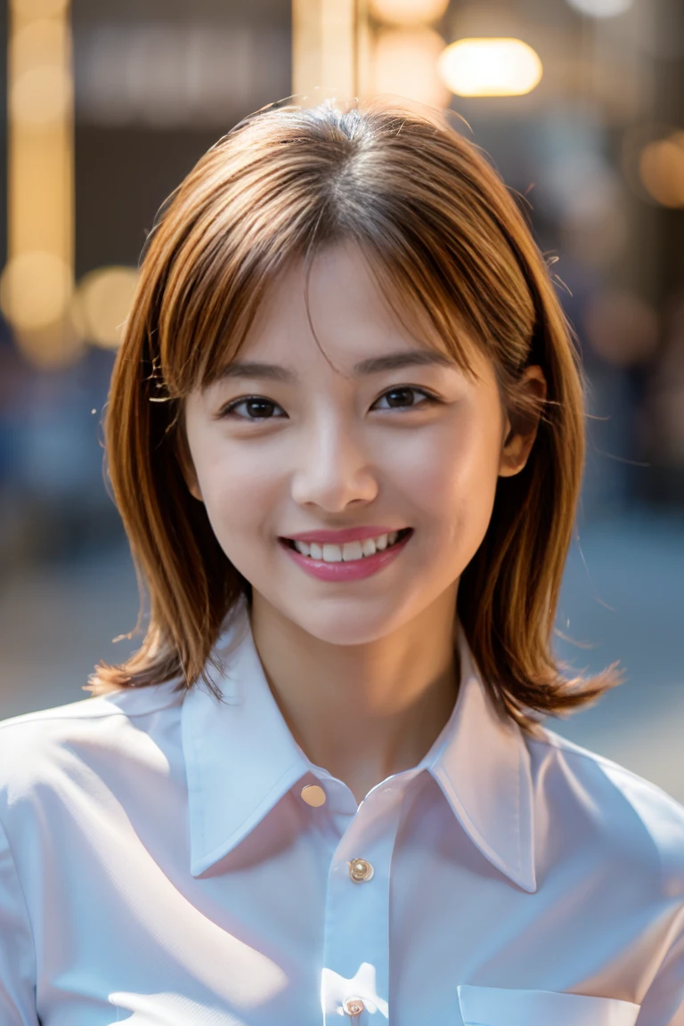Highest quality, Realistic, 8K, High resolution, girl, woman, (Skin dents), (Professional Lighting), (Office Shirt Closed: 1.6)), (Portraiture: 0.6), nice, (Medium Hair: 1.7), (1 girl's Camera Gaze): 1), ((1.6 Camera Gaze), Realistic, (Bokeh), (Portraiture: 0.6), Dynamic pose: 1.2), masterpiece, Complex, Realistic and sharp, Award-winning photography, (smile: 2), Teardrop-shaped moles, Lip gloss, 36 years old, cute, Cityscape, Professional Lighting, Photon Mapping, Radio City, Physically Based Rendering,