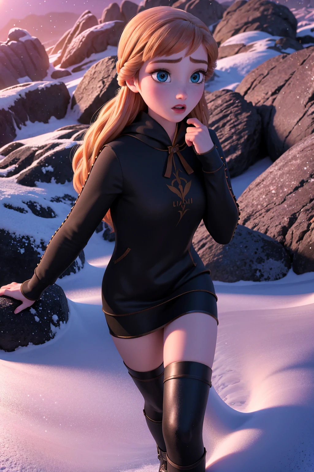 realistic, realism, photorealism, photo-realistic, high contrast, (photorealistic:1.4), 8k high definition detailed realistic, (best quality, masterpiece:1.2), NSFW,  photon mapping, radiosity, physically-based rendering, best quality, highly detailed,1girl, fanna, big eyes, looking at the viwer, outdoors, snow, hoodie, skirt,