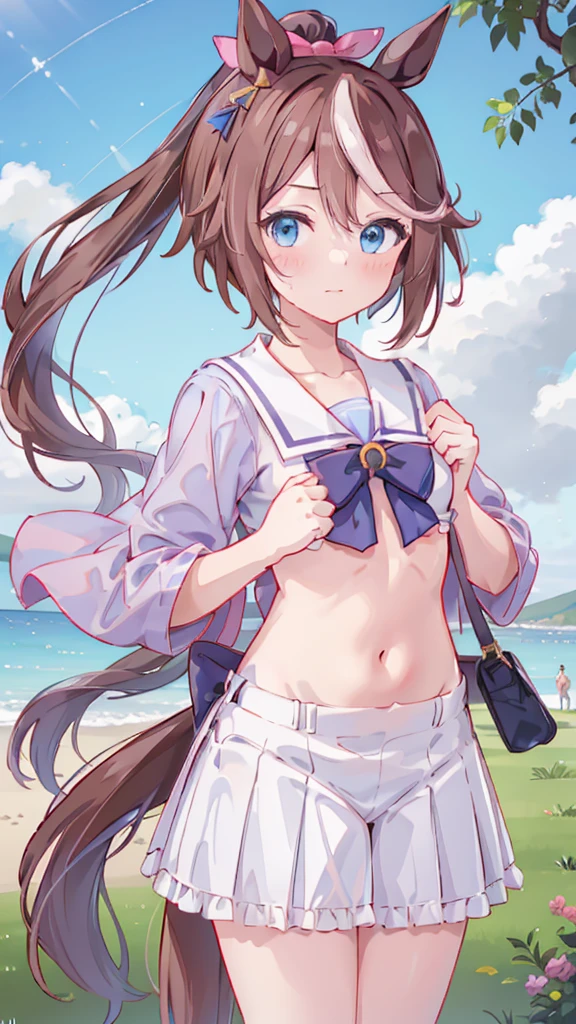 Highest quality,masterpiece, best resolution, nsfw, 1 girl, sailor uniform, topless, flat chest,pink nipple, belly button,outdoor, blush, standing, horse ears, horse tail