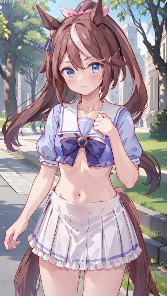 Highest quality,masterpiece, best resolution, nsfw, 1 girl, sailor uniform, topless, flat chest,pink nipple, belly button,outdoor, blush, standing, horse ears, horse tail