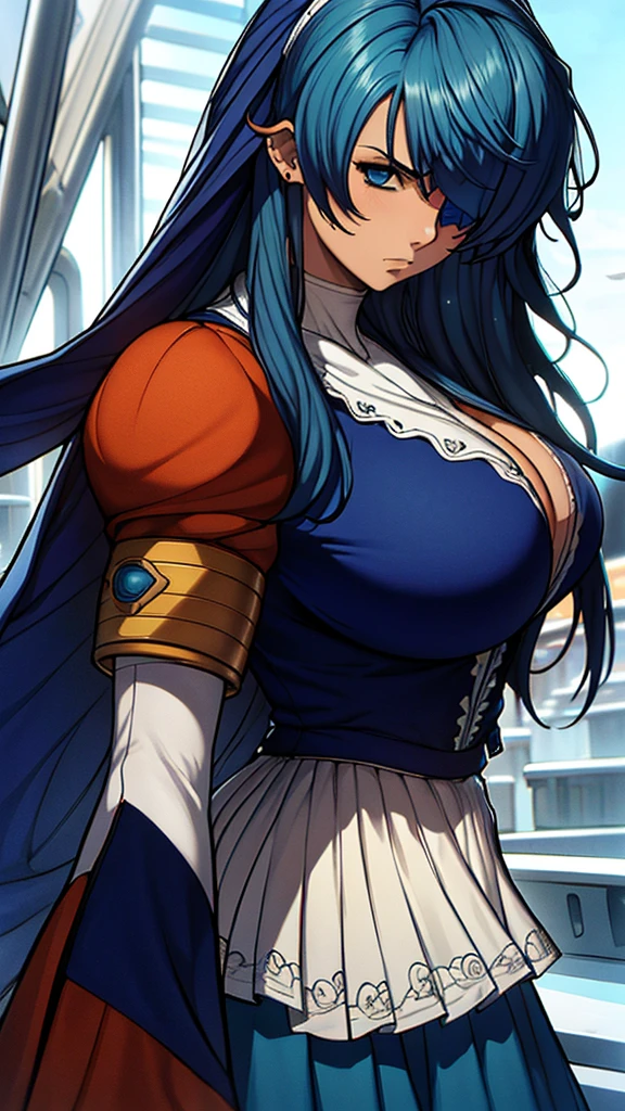 High detailed, 1 girl, sigui, sigui's hairstyle aegean-blue colored hair, detailed Cyan eye, eyepatch, busty, huge And round buson, Orange sattela's clothes, sattela's Long skirt, violent face, serious face, eyepatch, eyepatch, eyepatch, looking to the viewer, facing the viewer