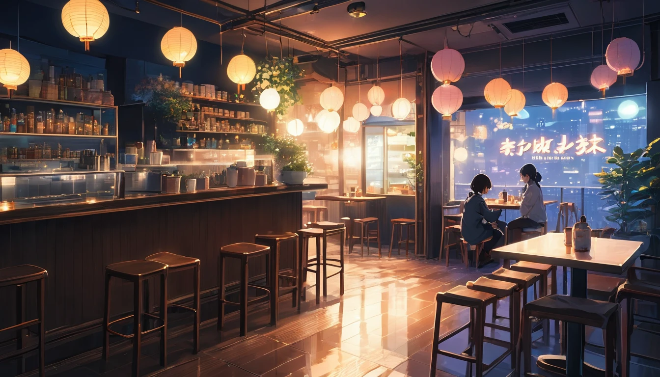 Draw an anime scene set in a fictional city at night, where characters relax in a cozy café to lofi music, with soft neon lights and paper lanterns illuminating the space, makoto shinkai&#39;conceptual artwork, tumblr, magical realism, cute anime dinners, cloudy sky. por Makoto Shinkai, ( ( makoto shinkai ) ), anime background art, anime backgrounds, makoto shinkai&#39;styled, anime movie backgrounds, sin humanos., no deformities in the illustration
