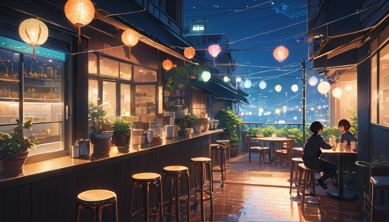Draw an anime scene set in a fictional city at night, where characters relax in a cozy café to lofi music, with soft neon lights and paper lanterns illuminating the space, makoto shinkai'conceptual artwork, tumblr, magical realism, cute anime dinners, cloudy sky. por Makoto Shinkai, ( ( makoto shinkai ) ), anime background art, anime backgrounds, makoto shinkai'styled, anime movie backgrounds, sin humanos., no deformities in the illustration