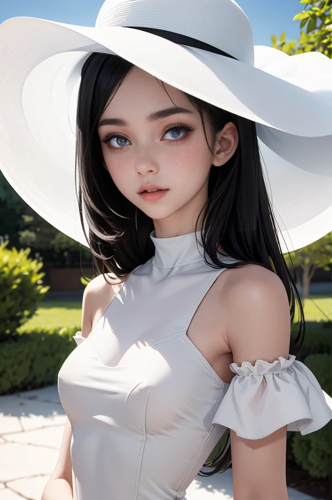 (best quality, masterpiece, perfect face) black hair, 18 years old pale girl, big , white sundress, big white hat