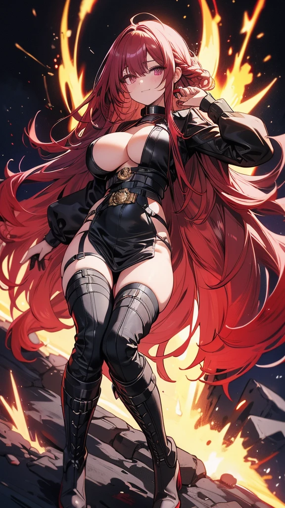 woman, long braided hair, vermilion hair, perfect body, futuristic monocle, metallic robot arms, red-purple eyes, military top, big breasts, beautiful thick thighs, wide hips, honey waist, purple red and black clothing , military boots, many belts, futuristic rifle, has war scars, posing with a rifle, full body focus, high definition details, dynamic lighting, RTX, military base background.