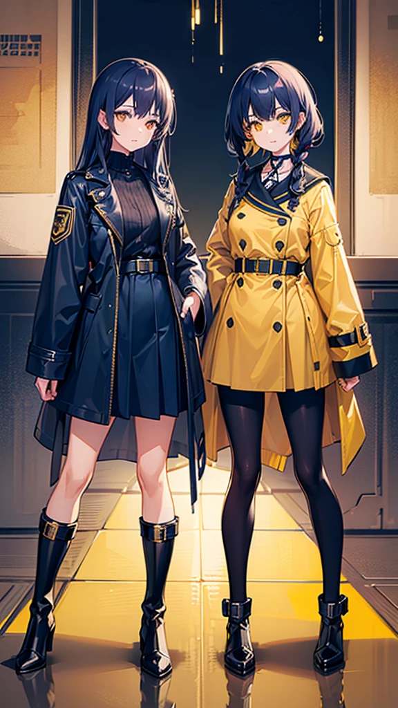 2girls, twins, short wavy navy blue hair, golden yellow glowing eyes, wearing black tube top, navy blue trench coat, navy blue long denim skirt, golden boots, sleeve tattoo, river, absurdres, high res, ultra sharp, 8k, masterpiece, looking at viewer