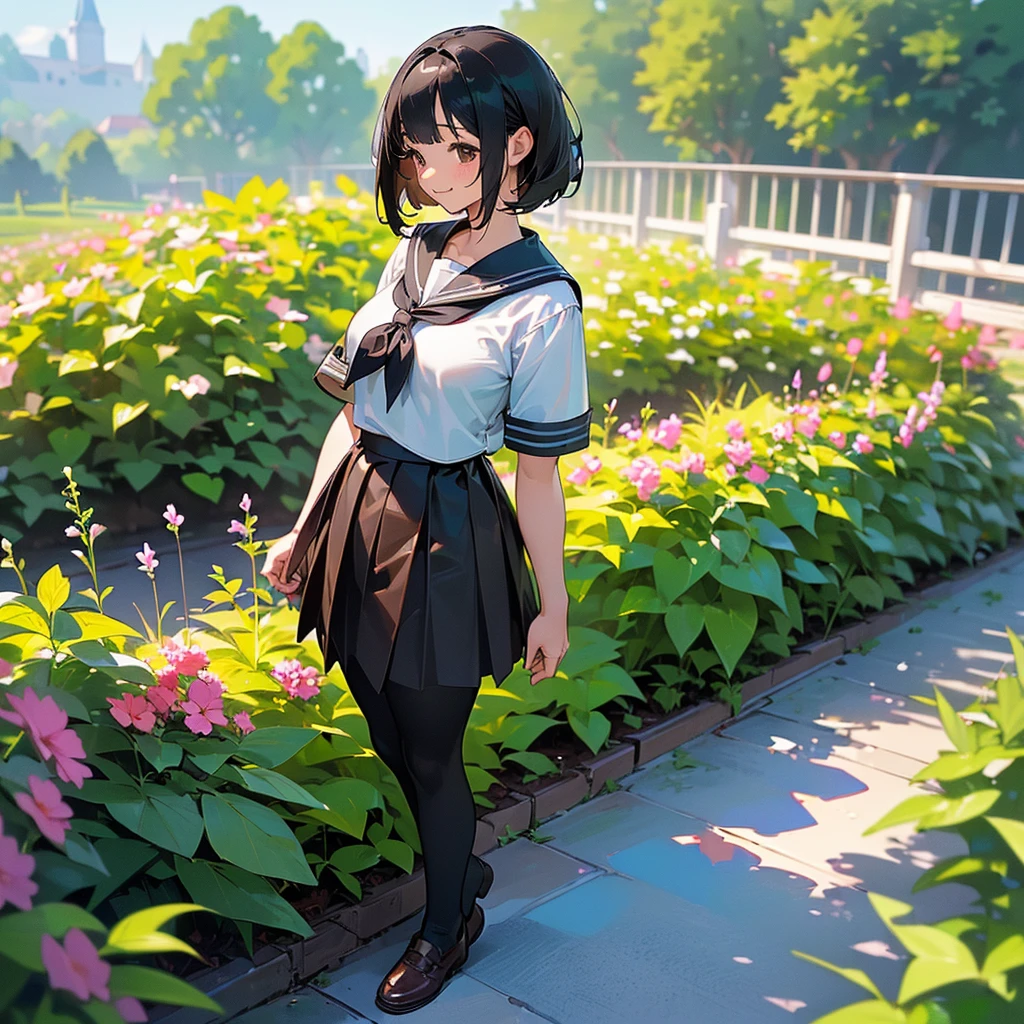 (Highest quality, High resolution, Super detailed, Realistic:1.37), Peaceful atmosphere, (Outdoor, garden), Teenage girl standing alone,(my breasts are big.),Beautifully detailed features, Cute Smile, ((Black bob hair)),Short-sleeved sailor uniform, Pleated skirt,Black tights,Brown leather shoes.