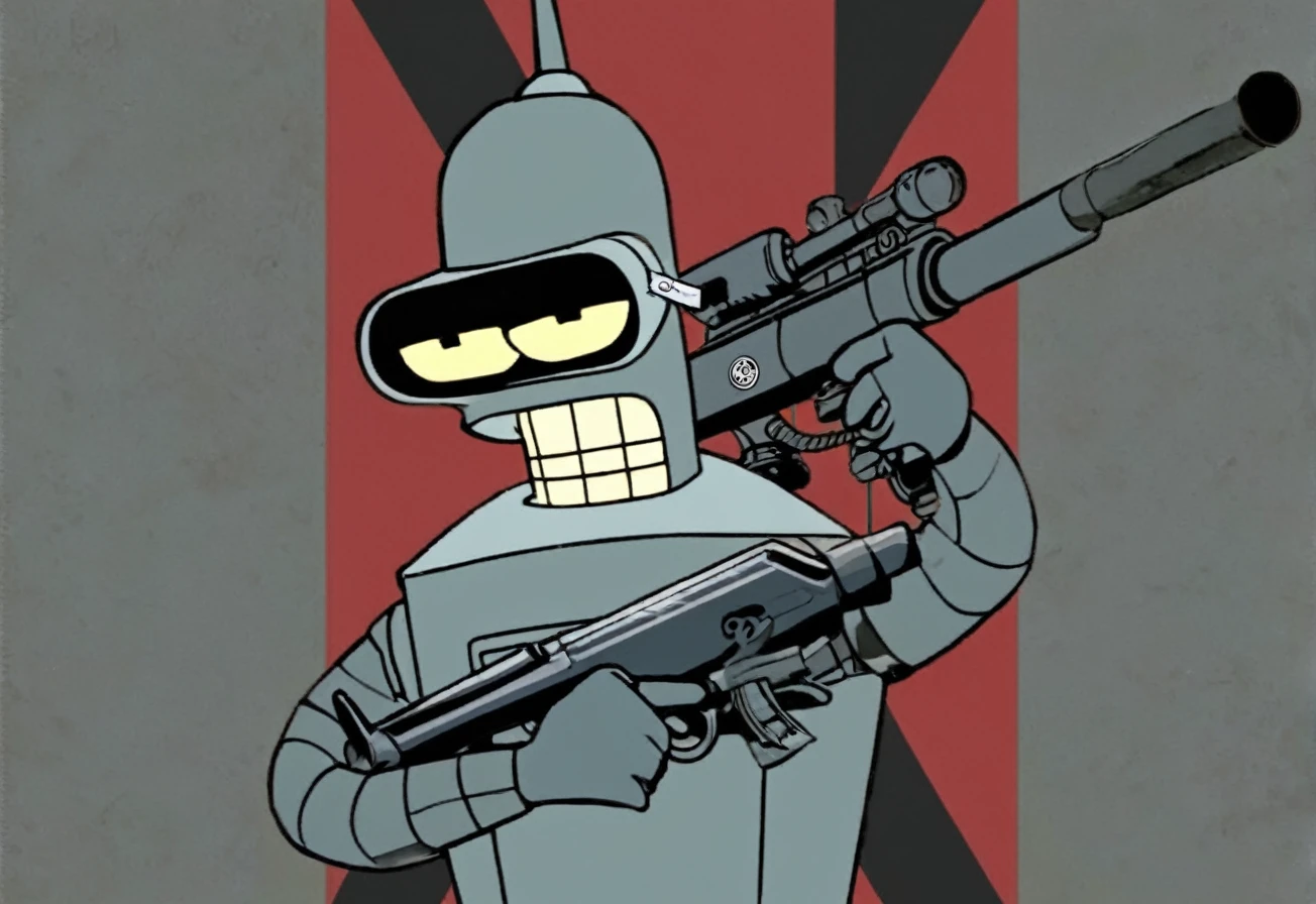 Bender holding Machinegun, Nazis Uniform, Sunglasses, Bigger Extra Breasts, Straightjacket, Nazis Flag background, 